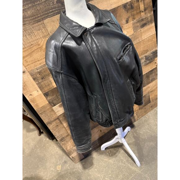 I.O.U Black Leather Bomber Jacket - Mens Size L - Picture 6 of 8